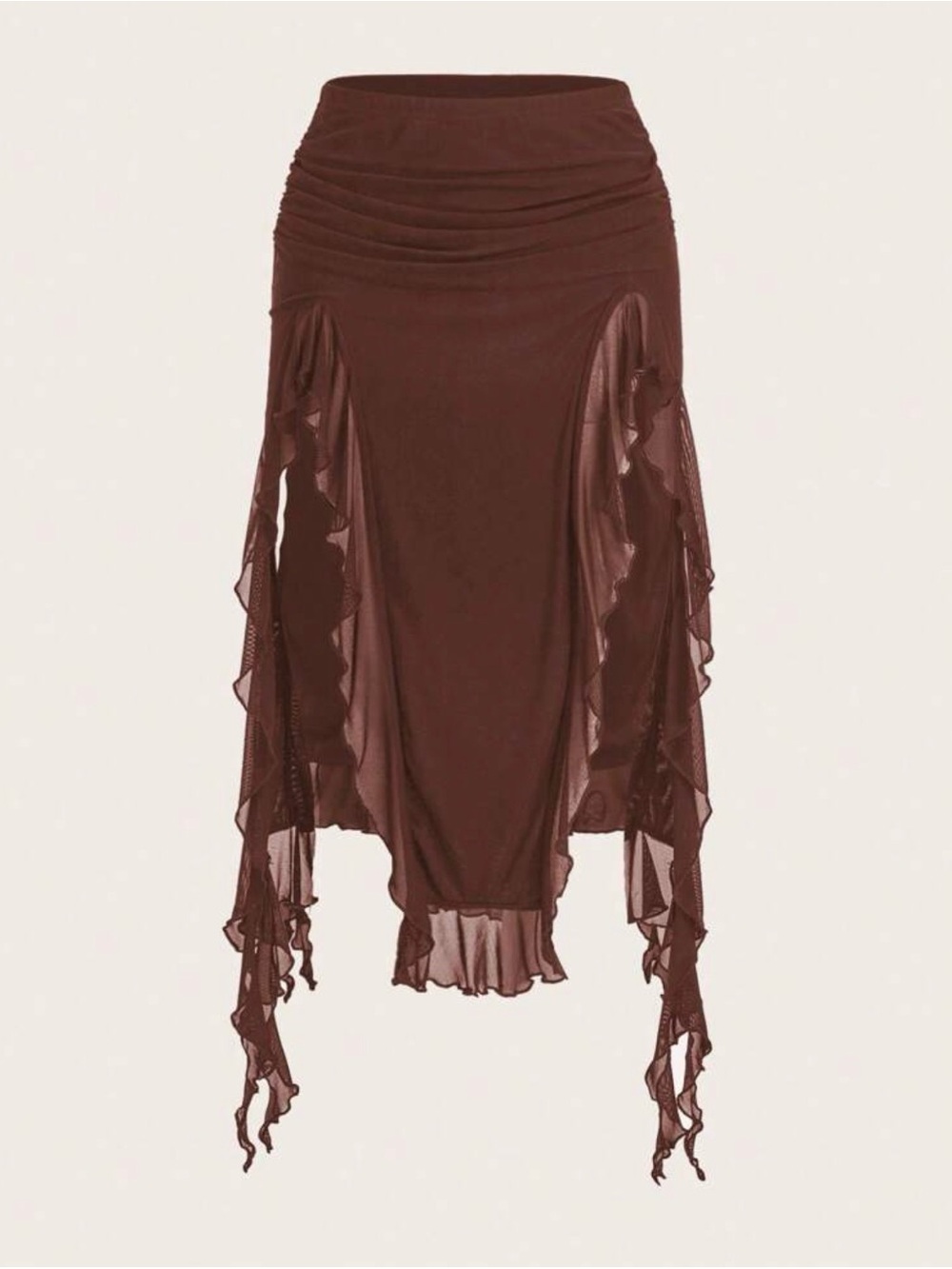 Brown Draped Ruffle Midi Skirt